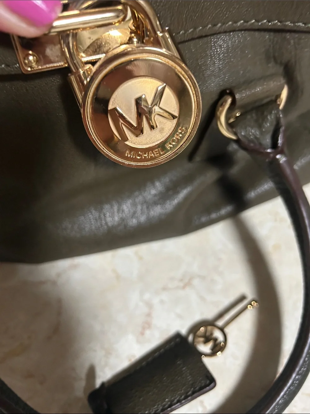 MICHAEL Michael Kors Olive Green Leather Satchel with Gold Hardware